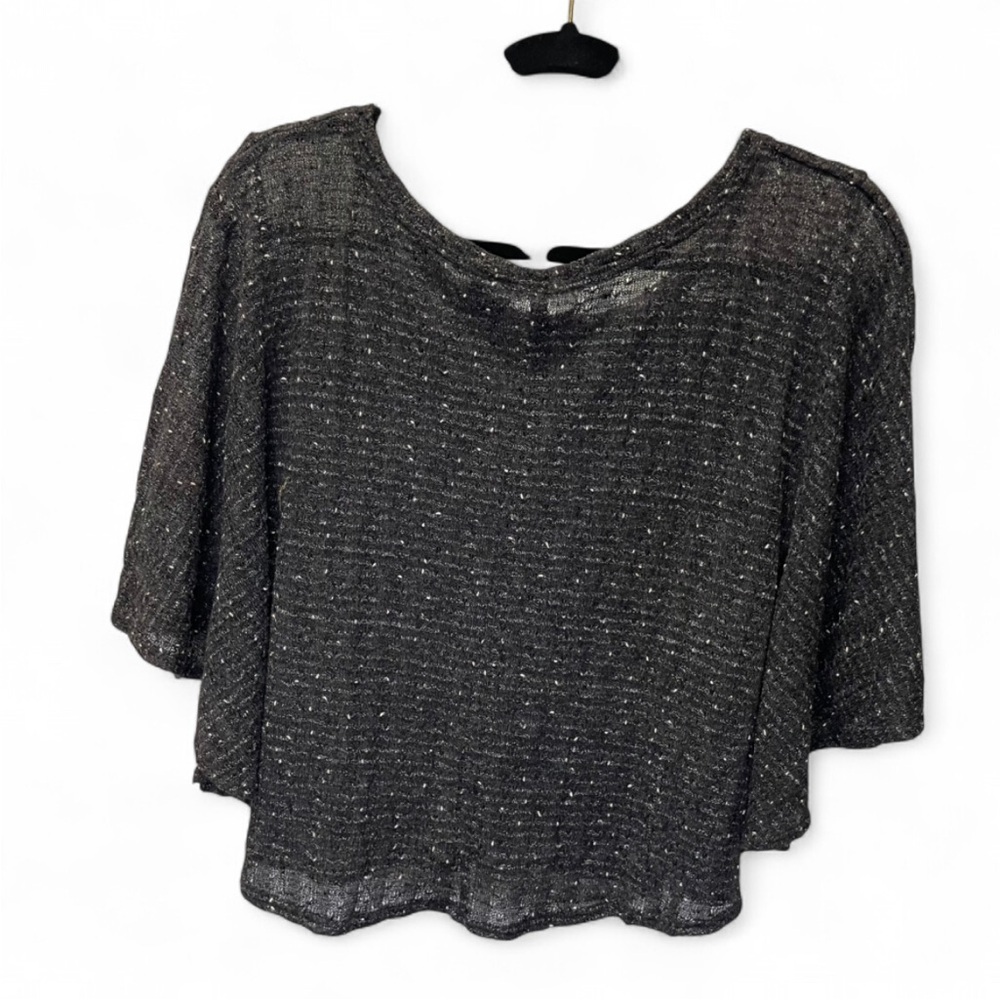 New Directions Shimmer Metallic Knit Poncho Crop Top Charcoal Grey M Disco Party - Picture 5 of 7